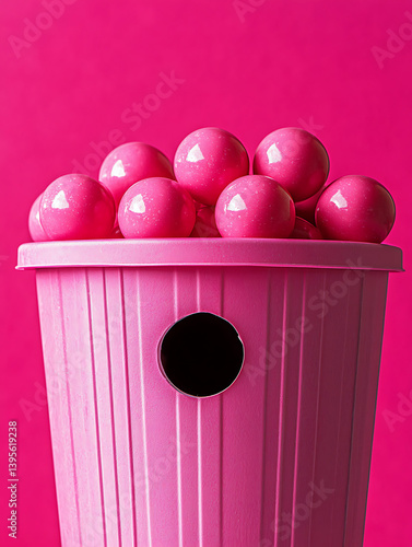 Obraz na płótnie Pink spheres overflow a pink container with a dark hole set against a matching bright pink background. w salonie