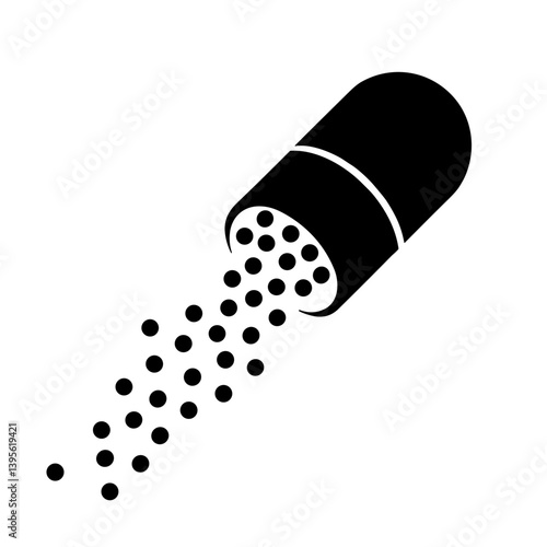 Opened capsule icon with granules pouring out symbolizing medication or vitamins