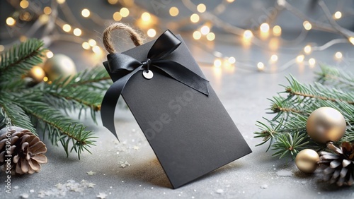 Elegant Black Gift Tag with Ribbon on Pastel Gray Background - Festive Decor