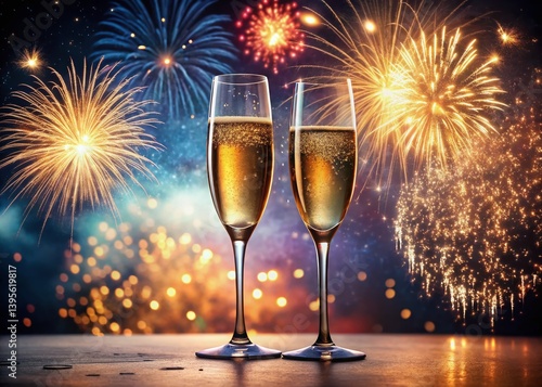 Elegant Champagne Toast with Fireworks - Festive New Year Celebration Stock Photo