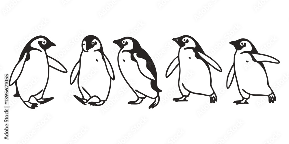 Fototapeta premium Penguin Vector Collection – Stylized Emperor Penguins Walking, Swimming, and Grouped in Arctic Wildlife Scene.