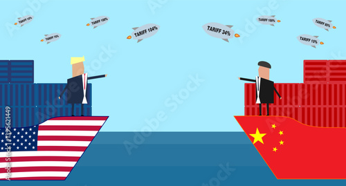 Trade War Concept Illustration, Cartoon of U.S. and China Leaders on Cargo Ships Launching Tariff Missiles, Representing Economic Conflict and Global Import Export Tensions.