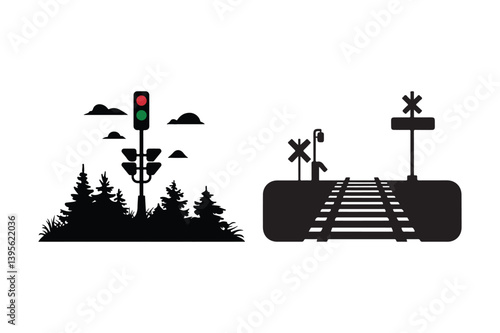 Traffic Light and Railway Crossing Vector Silhouette Transportation Signal Icon Design