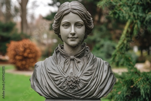 Outdoor bronze bust of a young woman in a park setting