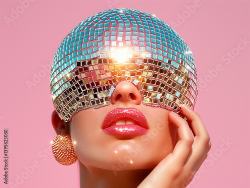 Glamorous fashion portrait featuring a woman in mirrored disco headgear and glossy pink lips. A vibrant and retro-futuristic expression of nightlife and beauty.