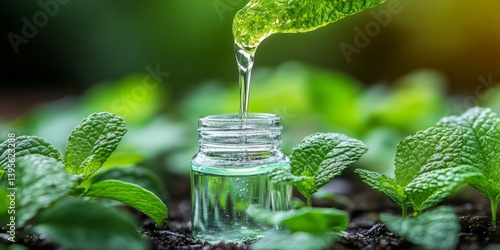A dropper bottle dispensing liquid into a glass jar with fresh mint leaves, perfect for aromatherapy or skincare product concepts.