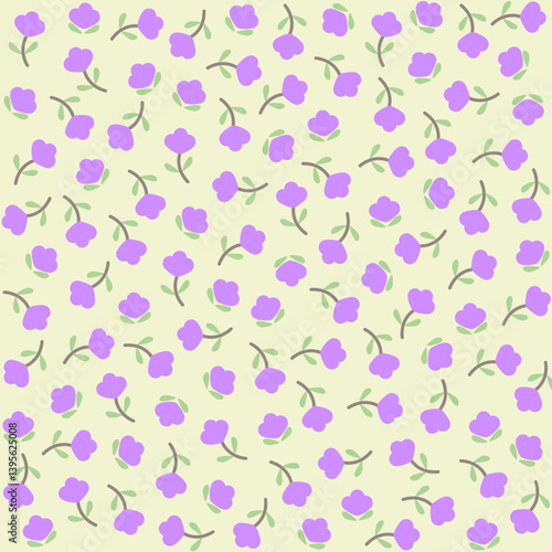 Tulip vector pattern, seamless repeating background, flat illustration. Pastel flower pattern with icons, floral wallpaper design for cards, fabric, wrapping, textiles, wallpaper, and stationery.