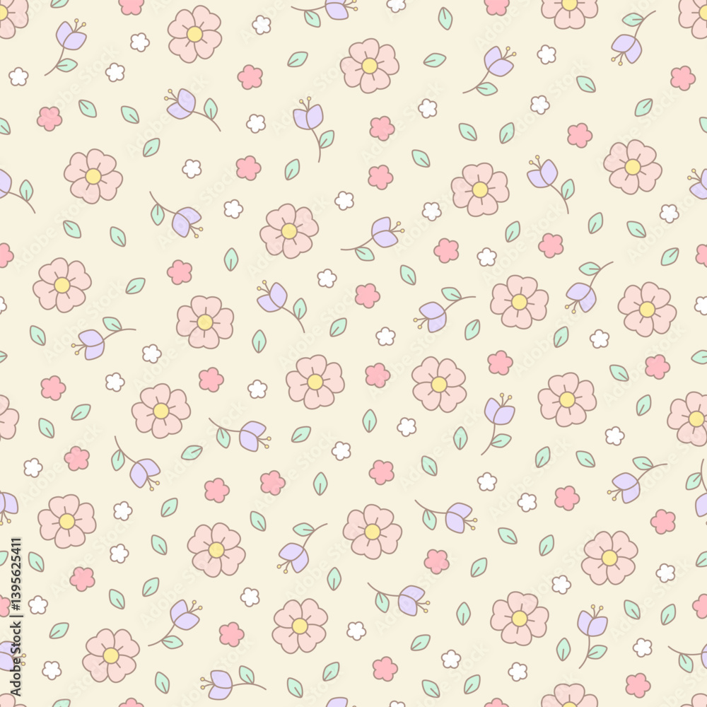 Cute cartoon flower and leaves vector seamless pattern. Repeated flora pattern design for fabric, wrapping, textile, wallpaper, apparel, pajamas, card, stationary. Cute cartoon flower and leaves vector seamless pattern. Repeated flora pattern design for fabric, wrapping, textile, wallpaper, apparel, pajamas, card, stationary.