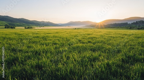 Serene Field at Dawn: Embrace the tranquil start of the day as the sun casts its golden glow over a vibrant green field, framed by majestic mountains in the distance.