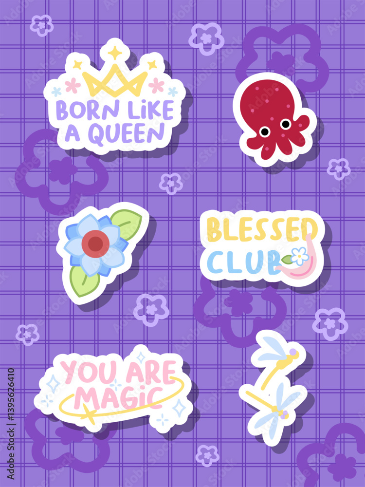 Fototapeta premium a set of adorable sticker design with octopus, flower and positive word