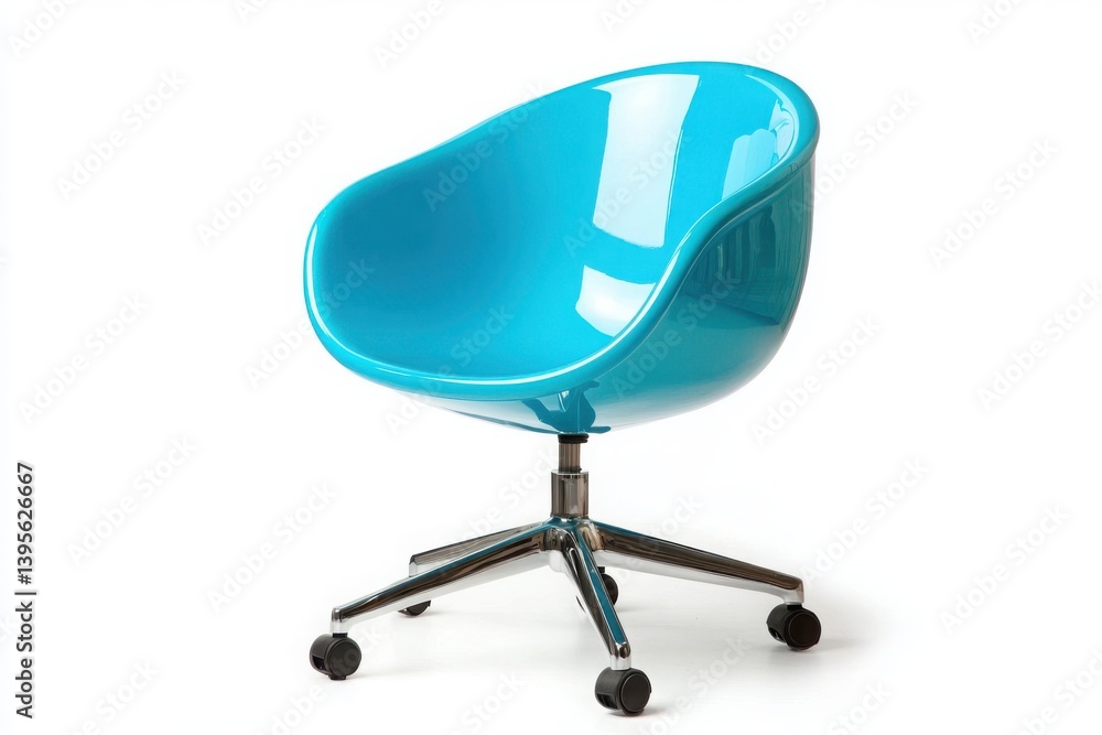 A turquoise chair with rolling wheels on a white isolated studio backdrop A turquoise chair with rolling wheels on a white isolated studio backdrop