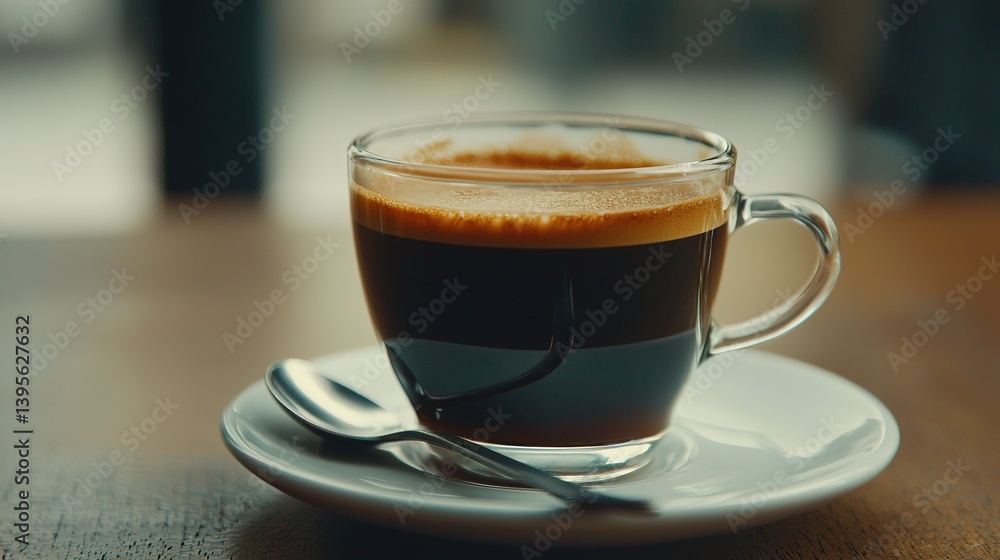 A close-up of a freshly brewed cup of coffee with a rich crema and a spoon resting on the saucer A close-up of a freshly brewed cup of coffee with a rich crema and a spoon resting on the saucer
