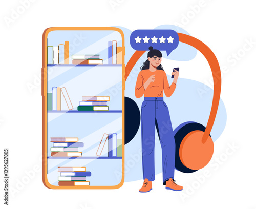Woman rating audiobook on smartphone screen. Vector illustration