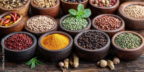 Colorful assorted ingredients in small wooden bowls, arranged neatly is great for cuisine or food themed projects.