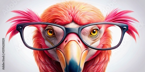Funny Flamingo in Glasses - Close-up Portrait, Anthropomorphic Bird, Humorous Character for Ads