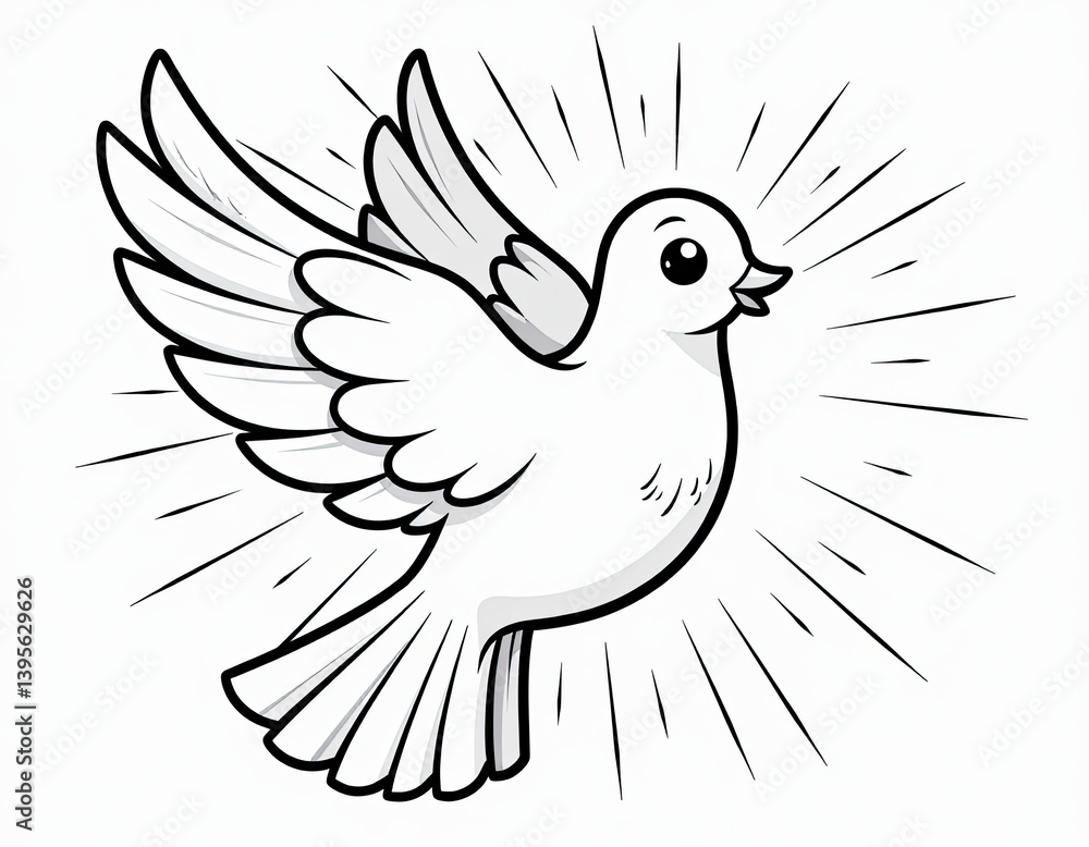 Fototapeta premium Cartoon White Dove of Peace Flying, Line Art Illustration