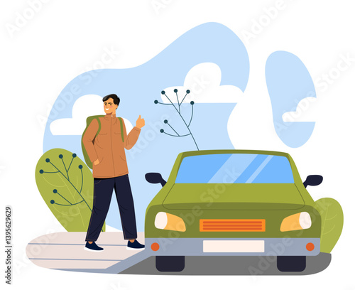 Man hitchhiking near green car outdoors. Vector illustration