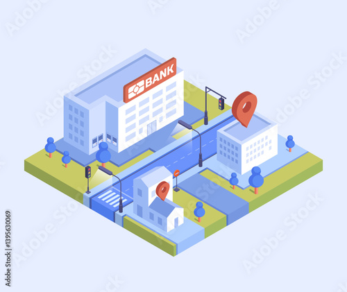 Isometric city block with bank and map pins. Vector illustration