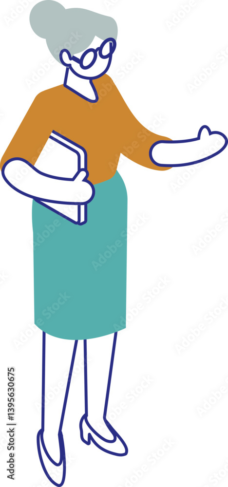 Business Woman standing vector line isometric illustration isolated on white background