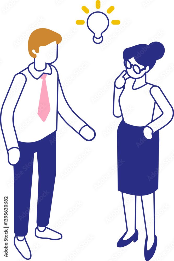 Two Business People in Discussion. Business Discussion with Lightbulb Idea vector isometric illustration isolated on white background. Business idea Two Business People in Discussion. Business Discussion with Lightbulb Idea vector isometric illustration isolated on white background. Business idea