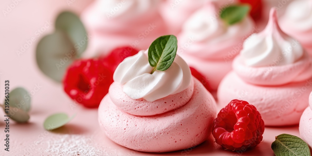 Delicate pink meue s, adorned with whipped cream and fresh raspberries, create a visually stunning and delicious dessert; perfect for high-fidelity photography. Delicate pink meue s, adorned with whipped cream and fresh raspberries, create a visually stunning and delicious dessert; perfect for high-fidelity photography.