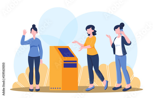 Women using self-service kiosk machine. Vector illustration