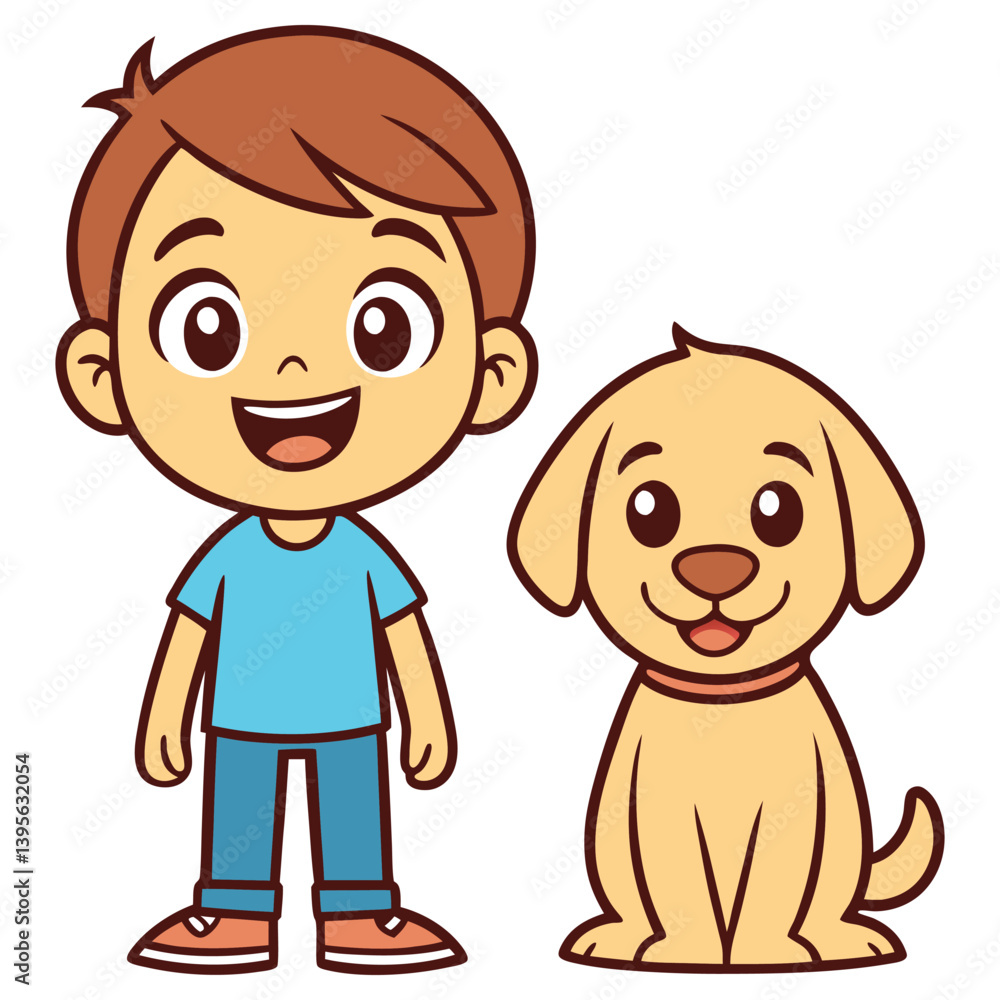 Cartoon Boy with Brown Hair and Puppy Friend Smiling on Transparent Background Cartoon Boy with Brown Hair and Puppy Friend Smiling on Transparent Background