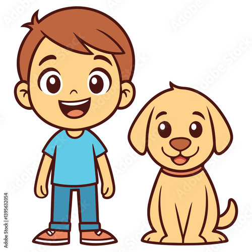 Cartoon Boy with Brown Hair and Puppy Friend Smiling on Transparent Background