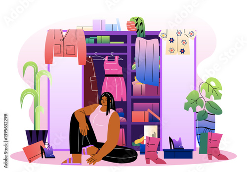 Woman overwhelmed by messy wardrobe. Vector illustration