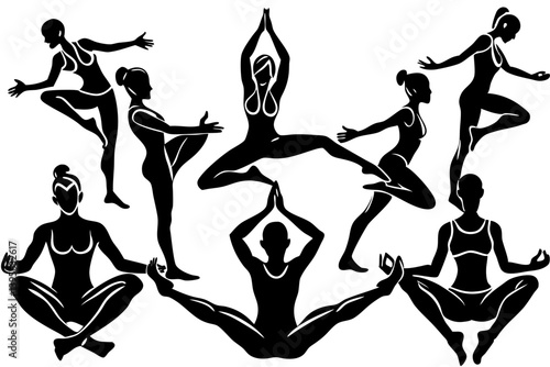 Minimalist line art yoga illustration featuring graceful poses and meditative figures. Perfect for wellness branding, yoga studio logos, meditation guides, health and fitness content, spiritual artwor