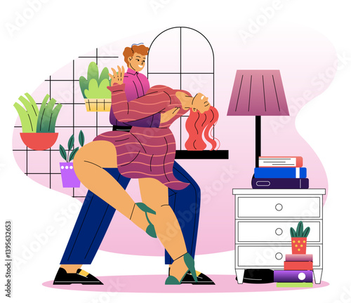 Couple dancing romantically indoors. Vector illustration