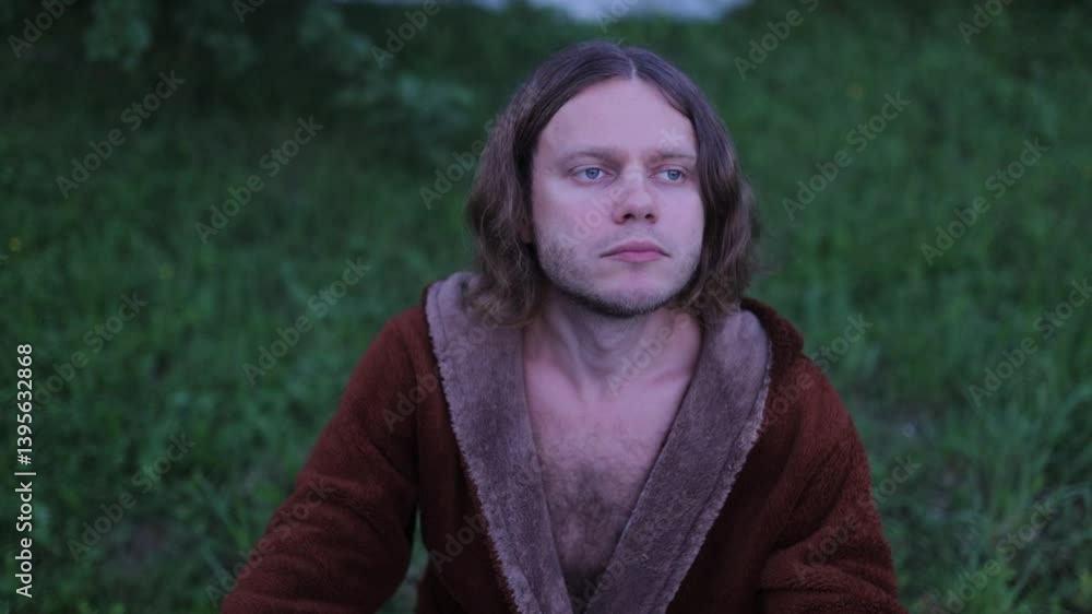 man in robe in garden eating cashew nuts and drinking coffee man in robe in garden eating cashew nuts and drinking coffee