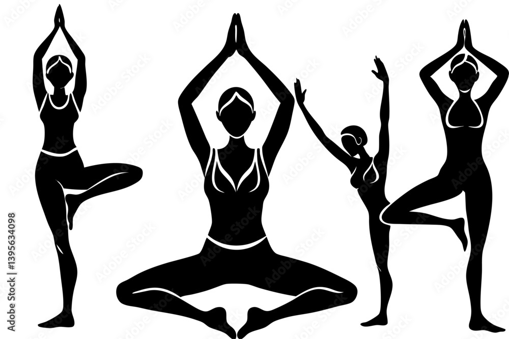 Fototapeta premium Minimalist line art yoga illustration featuring graceful poses and meditative figures. Perfect for wellness branding, yoga studio logos, meditation guides, health and fitness content, spiritual artwor