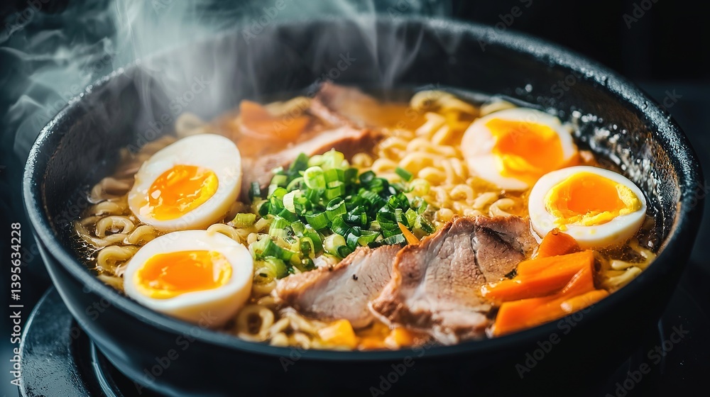 Steaming bowl of ramen with soft egg kitchen food photography cozy atmosphere close-up view culinary art Steaming bowl of ramen with soft egg kitchen food photography cozy atmosphere close-up view culinary art