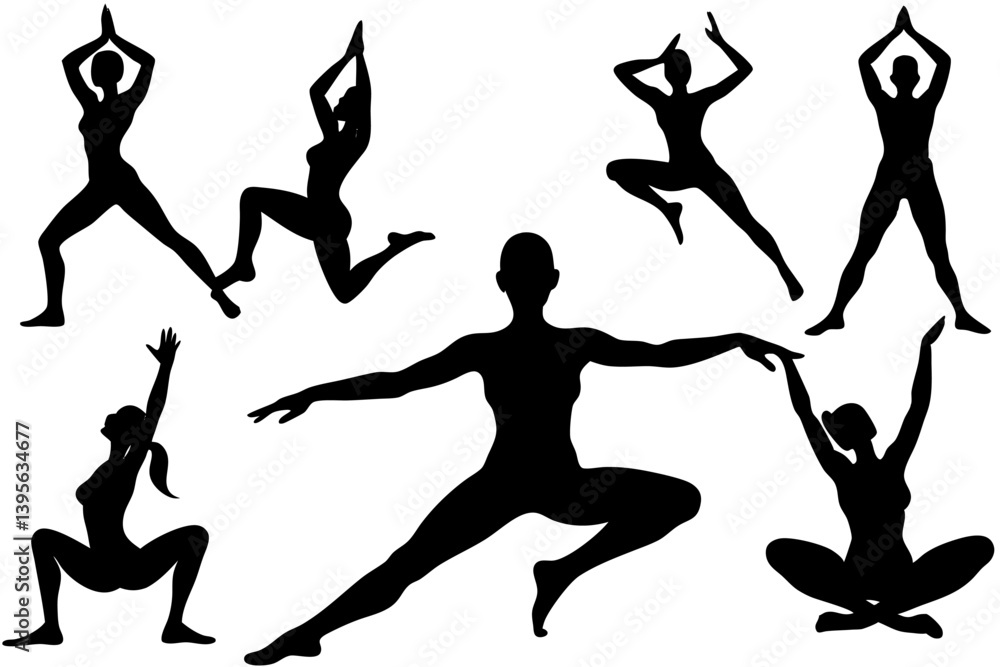 Obraz premium Minimalist line art yoga illustration featuring graceful poses and meditative figures. Perfect for wellness branding, yoga studio logos, meditation guides, health and fitness content, spiritual artwor