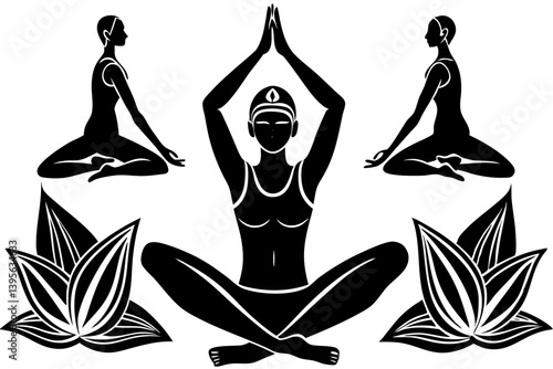 Minimalist line art yoga illustration featuring graceful poses and meditative figures. Perfect for wellness branding, yoga studio logos, meditation guides, health and fitness content, spiritual artwor