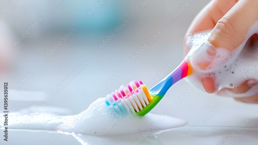 A colorful toothbrush with soap on it, held by a hand, on a surface covered in bubbles. Concept Colorful Toothbrush, Soapy Bubbles, Hand Holding, Fun Cleaning, Vibrant Surface