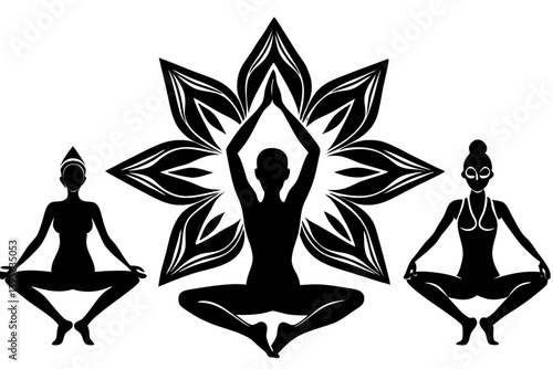 Minimalist line art yoga illustration featuring graceful poses and meditative figures. Perfect for wellness branding, yoga studio logos, meditation guides, health and fitness content, spiritual artwor