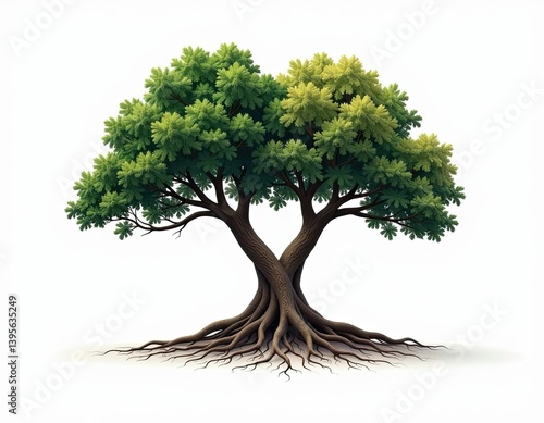 Lush Double Trunk Tree with Exposed Roots - Isolated on White