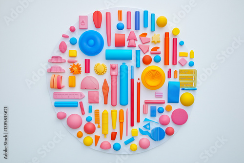 Step into enchanting realm of early education with this top-down photograph, delightful display of colorful child stationery against white background, empty round frame for text or advert placement