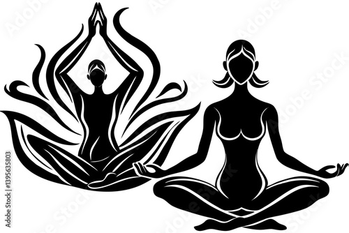 Minimalist line art yoga illustration featuring graceful poses and meditative figures. Perfect for wellness branding, yoga studio logos, meditation guides, health and fitness content, spiritual artwor