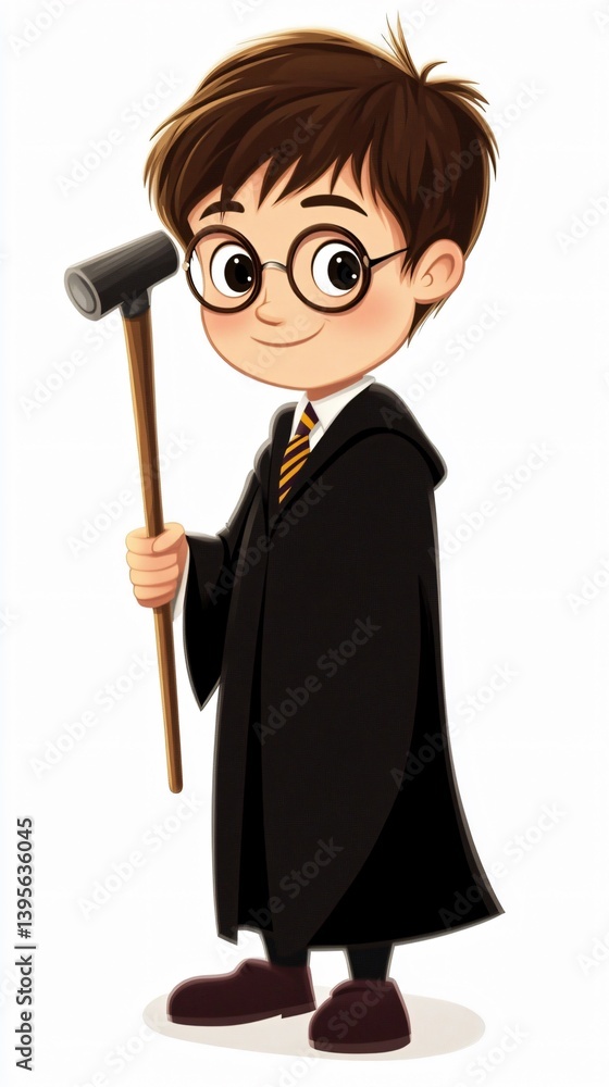 Adorable Cartoon Boy in Wizard Robe Holding a Mallet Adorable Cartoon Boy in Wizard Robe Holding a Mallet
