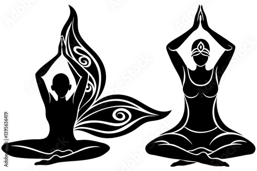 Minimalist line art yoga illustration featuring graceful poses and meditative figures. Perfect for wellness branding, yoga studio logos, meditation guides, health and fitness content, spiritual artwor