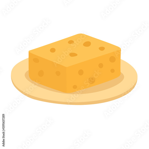 Vector cartoon illustration of a cheese block on a plate. Simple, cute and bright food doodle.