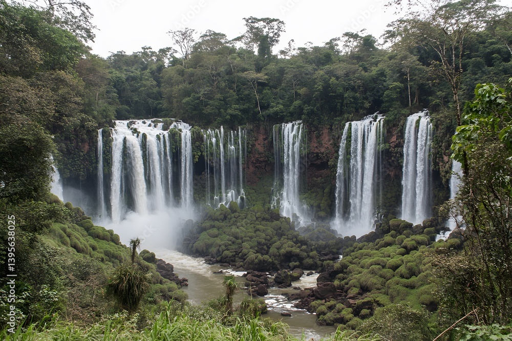 Fototapeta premium Majestic Waterfall Cascading Down Lush Green Cliffs