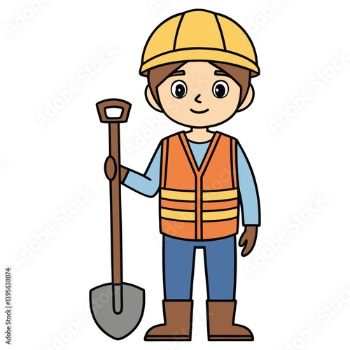 Cartoon Boy in Hard Hat & Safety Vest Holding Shovel on White Background