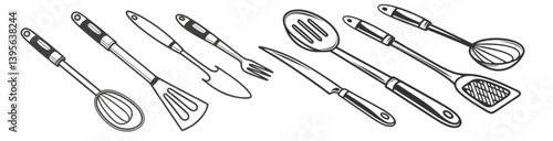 Kitchen Utensils Set: spoons, forks, knives, cutting board, whisk, spatula vector illustration