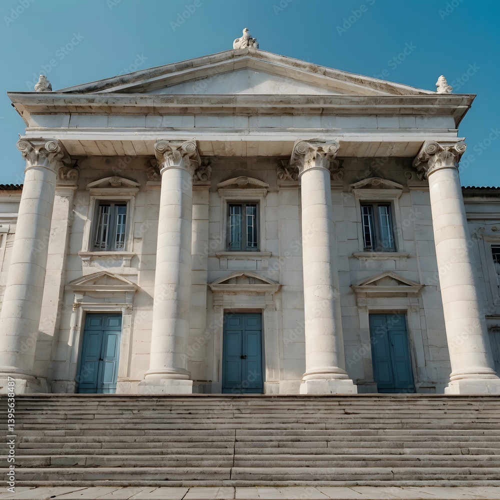 Naklejka premium classical architecture with white stone facade, columns and stairs, front view under blue sky