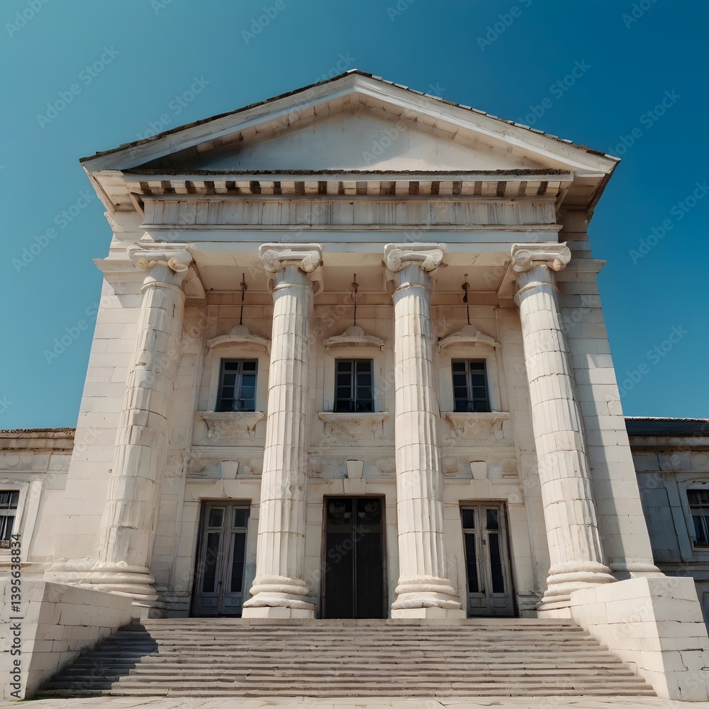 classical architecture with white stone facade, columns and stairs, front view under blue sky classical architecture with white stone facade, columns and stairs, front view under blue sky