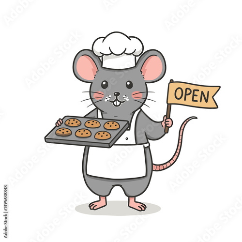 Mousy Master Baker: A charming, cartoonish mouse proudly presents a fresh tray of golden cookies, advertising "Open" for business, embodying a sweet and inviting aesthetic.
